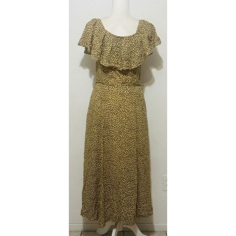 By Anthropologie Size 8 Bolano Leopard Print Midi Dress Ruffle Sleeve Tie Waist